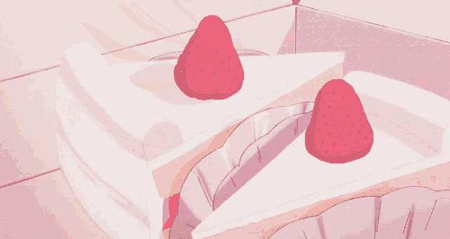 a person taking a piece of cake with strawberries on top