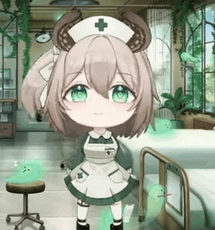 a cute nurse with horns is standing in a hospital room next to a bed .