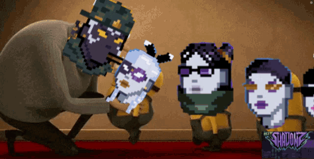 a pixel art of a man holding a mask with the word standout on the bottom right