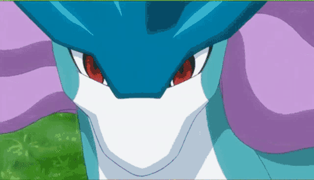 a close up of a pokemon with red eyes and a blue and purple head .