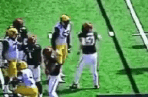 a group of football players are standing on a field . one of the players is wearing a number 19 jersey .