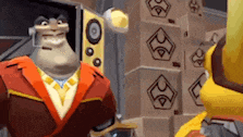 a man in a suit and tie is standing in front of a stack of boxes in a video game .