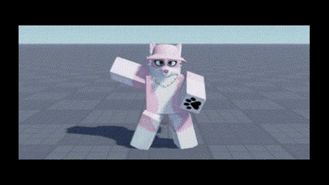 a 3d model of a cat wearing a pink hat and holding a paw print .