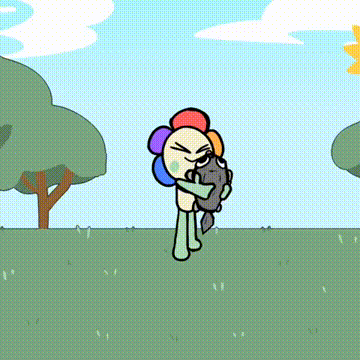 a cartoon character is holding a rainbow colored balloon