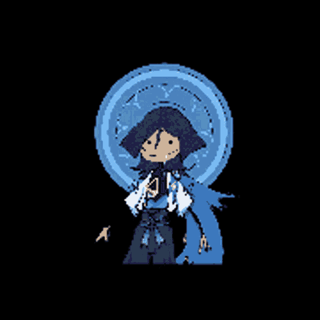a pixel art of a person with purple hair standing in front of a blue circle .