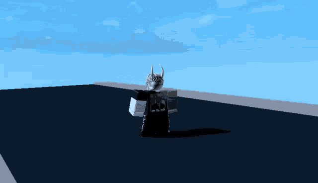 a cartoon character with horns is standing in a dark room with a blue sky in the background