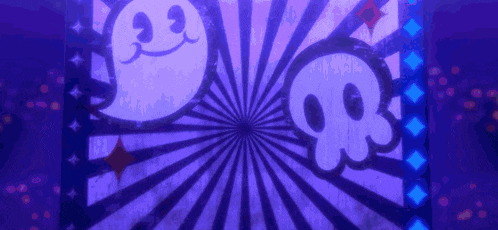 a purple background with a ghost and two skulls on it