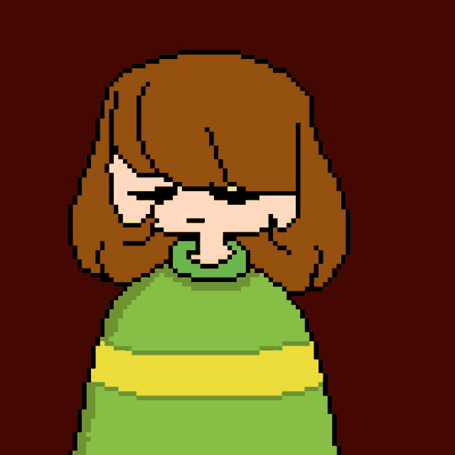 a pixel art drawing of a girl with brown hair and a green sweater