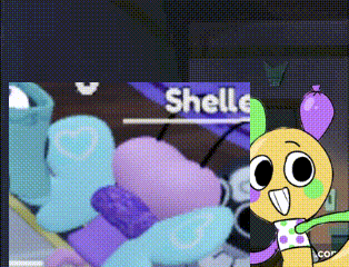 a cartoon worm is standing in front of a pile of stuffed animals and a sign that says shelle