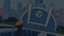 a cartoon drawing of a city with a blue building and a yellow item in front of it .