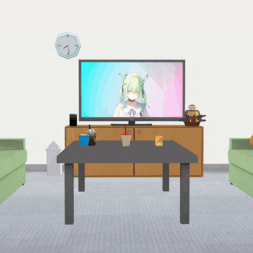 a living room with a clock on the wall and a television with a girl on the screen
