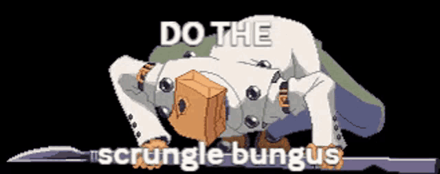 a pixel art of a man with a box on his head and the words do the scramble bungus