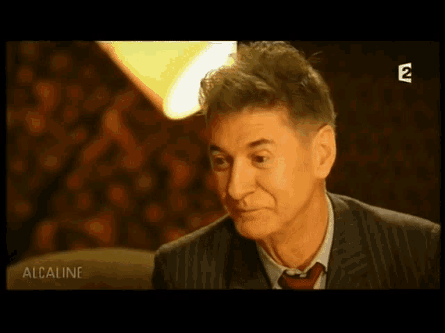 a man in a suit and tie is on a television screen that says " alkaline "