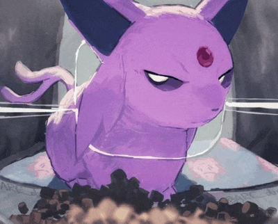 a purple cat with a red spot on its forehead sits on a bed