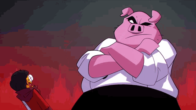 a cartoon of a pig with his arms crossed standing next to another pig