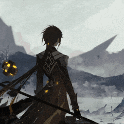 a person with a sword on their back stands in front of a mountain range