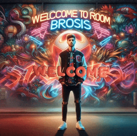 a man is standing in front of a mural that says welcome to room brosis