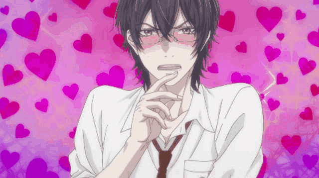 a boy with glasses and a tie is surrounded by pink hearts