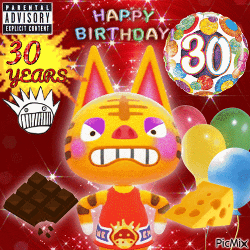 a picture of a cat with balloons and a parental advisory label