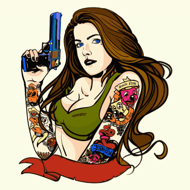 a drawing of a woman holding a gun that says monster