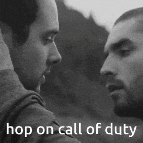 a black and white photo of two men with the words hop on call of duty below them