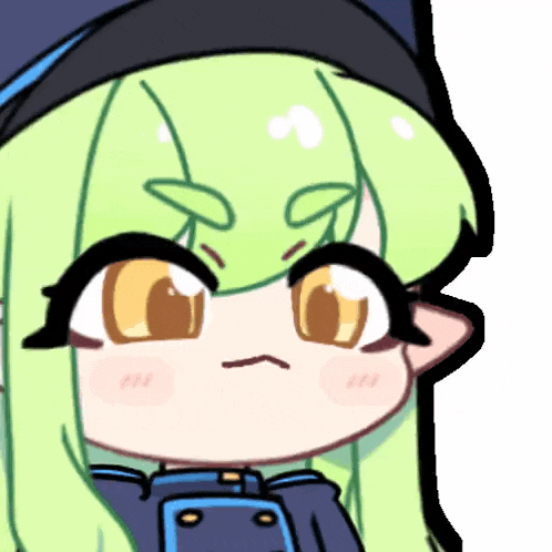 a cartoon drawing of a girl with green hair making an angry face