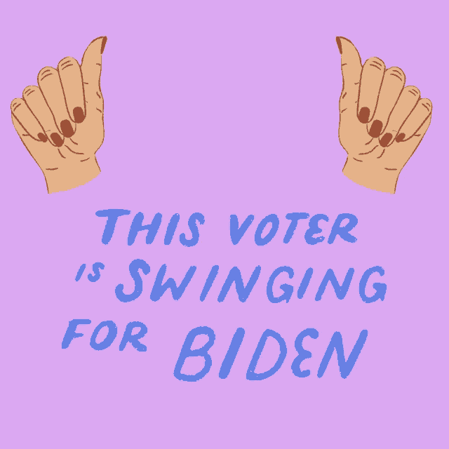 a purple background with two hands and the words this voter is swinging for biden
