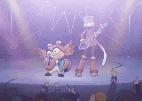 a cartoon character playing a guitar on stage
