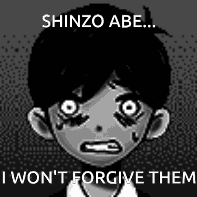 a black and white drawing of a boy with white eyes and the words shinzo abe i won t forgive them