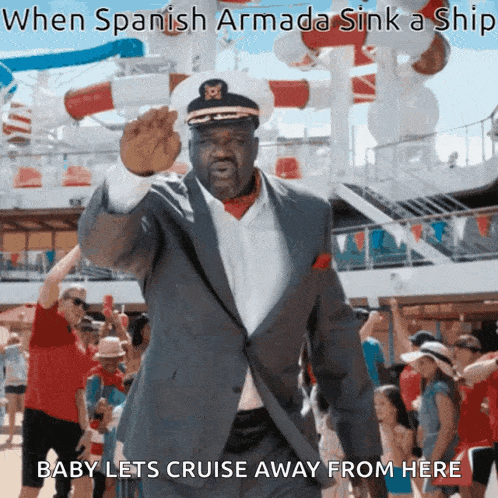 a man in a suit and hat is dancing on a cruise ship with the caption " when spanish armada sink a ship "