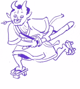 a drawing of a demon holding a sword and a stick