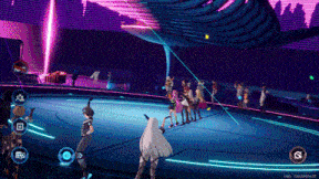 a screenshot of a video game shows a group of people standing in front of a giant whale
