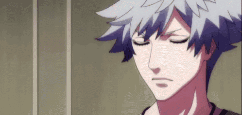a close up of a person 's face with their eyes closed and a gray haired anime character .