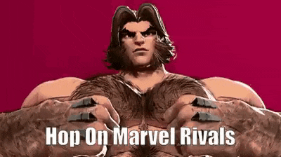a cartoon of a hairy man with the words `` hop on marvel rivals '' written on it .
