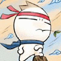 a cartoon character with a scarf around his neck and a red headband is holding a baseball bat .