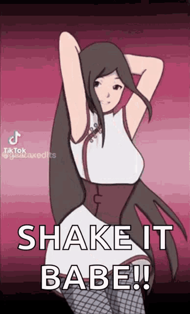 a cartoon of a girl dancing with the words `` shake it babe '' written on it .