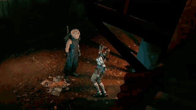 a video game character standing in the dirt with a sword