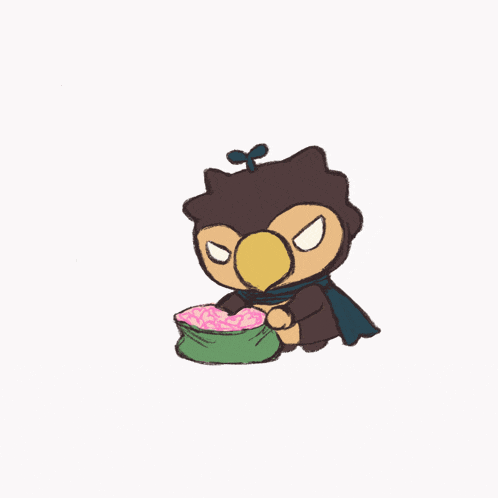 a drawing of an owl holding a bag of flowers in a heart