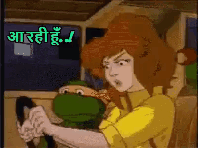 a cartoon of a woman holding a frog with a green background that says ' aarhi hu '