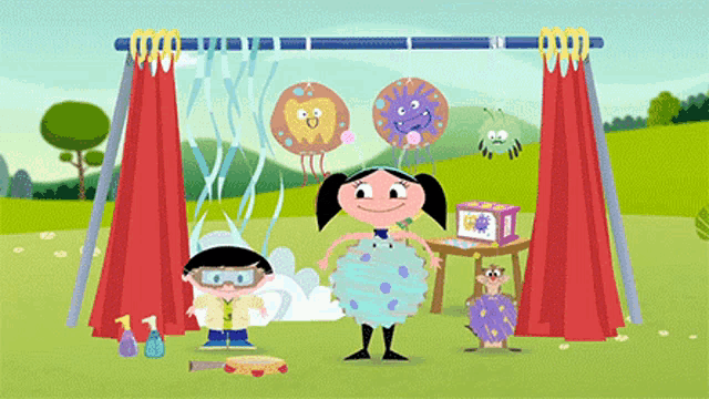 a girl in a blue dress is standing next to a boy in a blue shirt