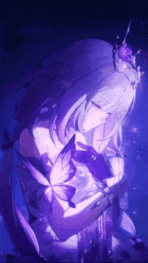 a girl with purple hair and a butterfly on her chest