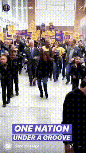 a group of people are dancing in a hallway with the words one nation under a groove