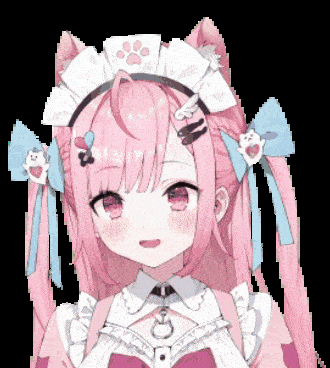 a girl with pink hair and cat ears is wearing a maid costume