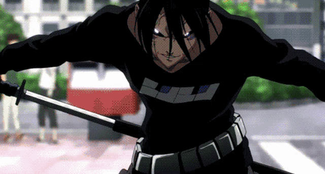 sonic from one punch man is holding a sword in his right hand