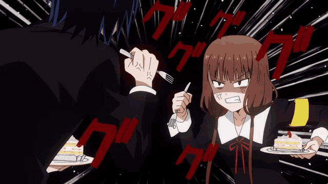 a man and a girl are fighting over a cake