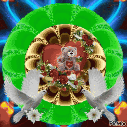 a picture of a teddy bear surrounded by flowers and a heart with the words picmix on it