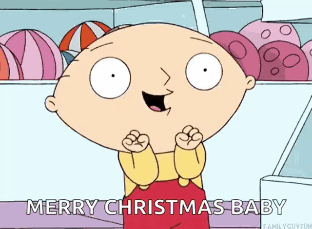 a cartoon character from the family guy is standing in front of a shelf of balls and says merry christmas baby .