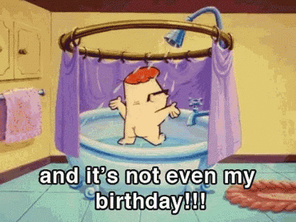 a cartoon character is taking a shower and it 's not even my birthday