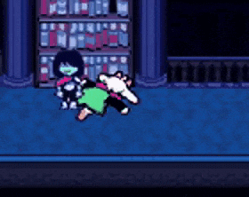 a video game character is holding a stuffed animal in front of a bookshelf in a library .