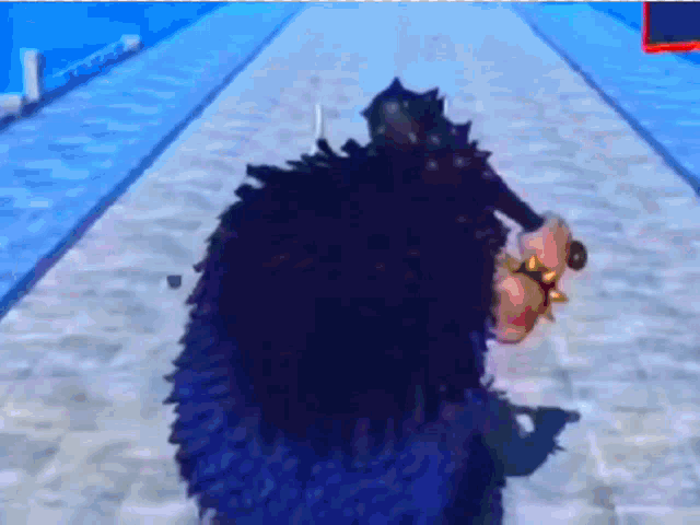 a person in a purple fur coat is walking down a brick road .